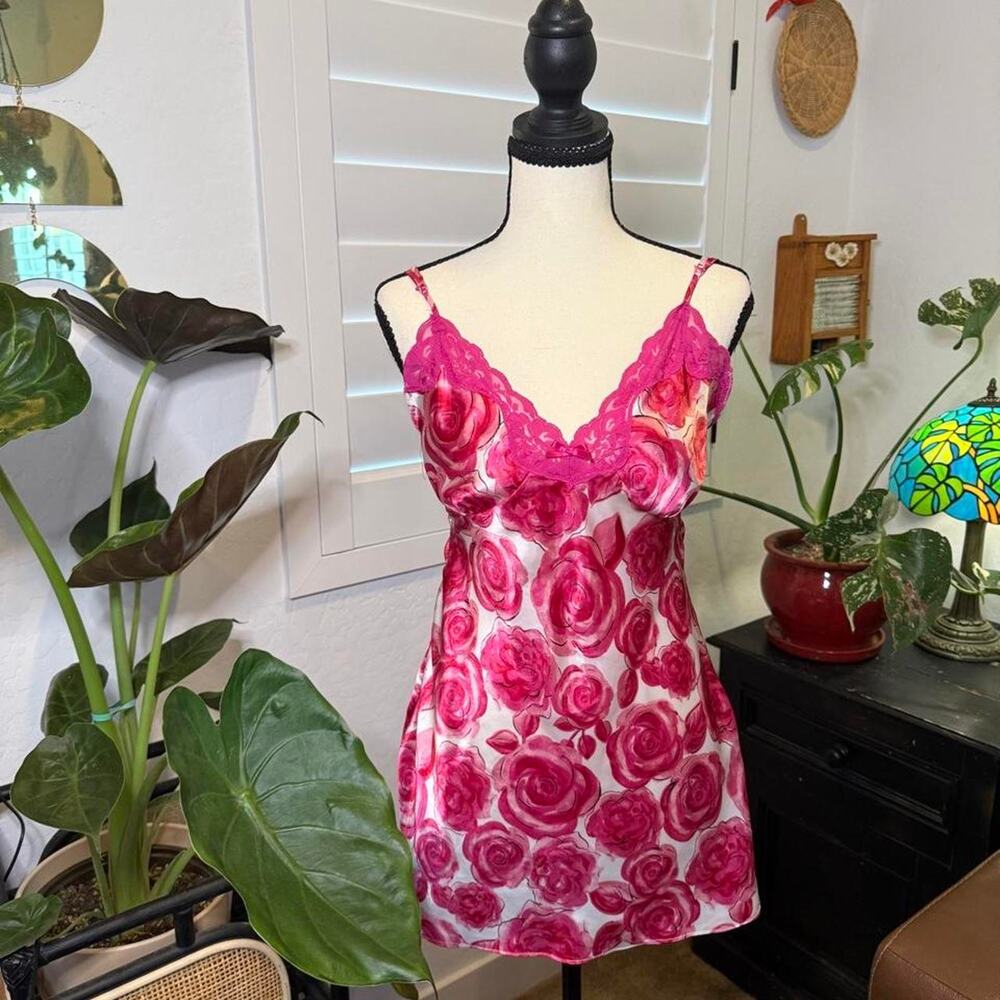 Pink Rose Floral Lace Chemise Slip Dress L Coquette Y2K